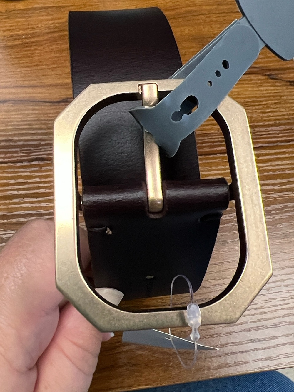 All Saints Dark Brown Leather Belt with Brass Octagon Buckle